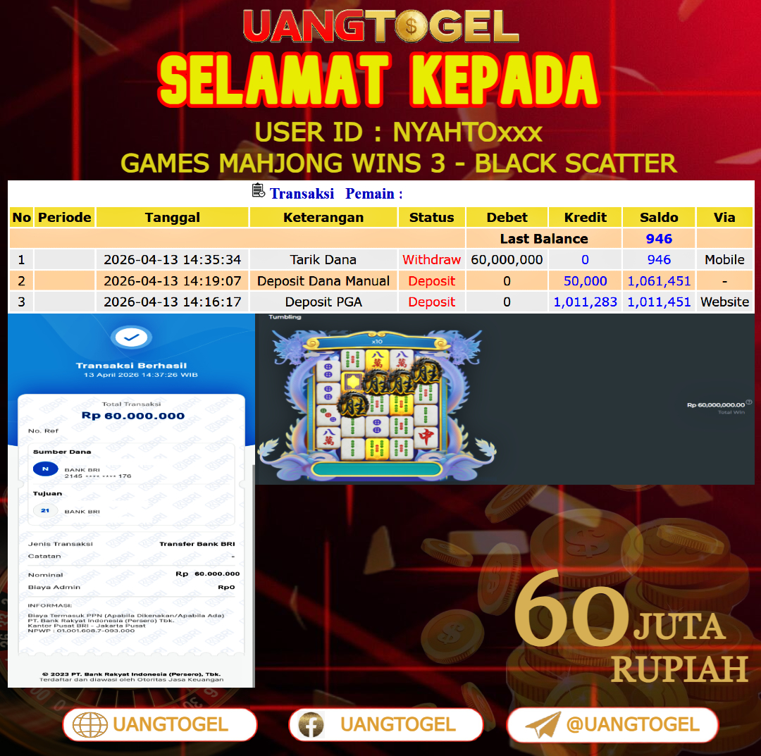 UANGTOGEL  JACKPOT  SLOT GAMES MAHJONG WINS 3 - BLACK SCATTER  Rp.60.000.000   -   LUNAS USER ID  :  NYAHTO***