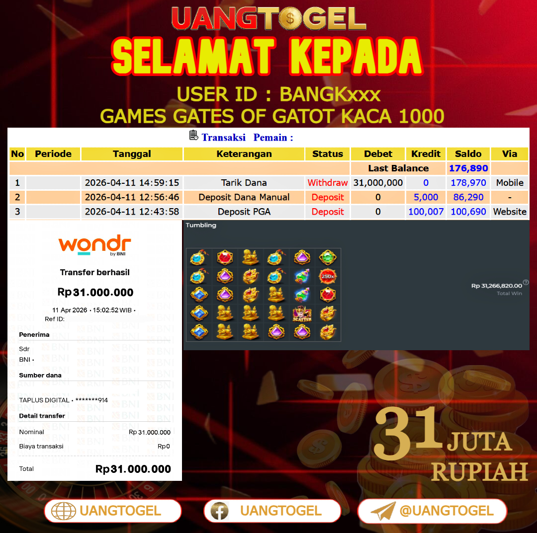 UANGTOGEL  JACKPOT  SLOT GAMES GATES OF GATOT KACA 1000 Rp.31.000.000   -   LUNAS USER ID  :  BANGK***