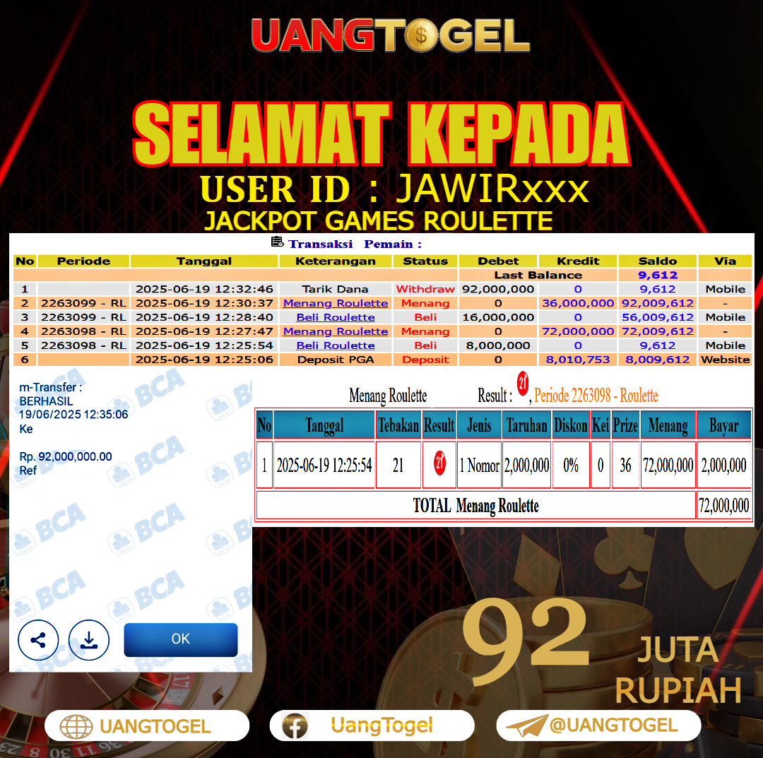 UANGTOGEL JACKPOT LIVE GAMES ROULETTE Rp.92.000.000 - LUNAS USER ID : JAWIR***
