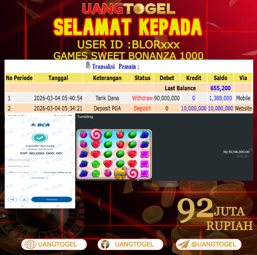 UANGTOGEL  JACKPOT SLOT GAMES SWEET BONANZA 1000 Rp.92.000.000   -   LUNAS USER ID  : BLOR***