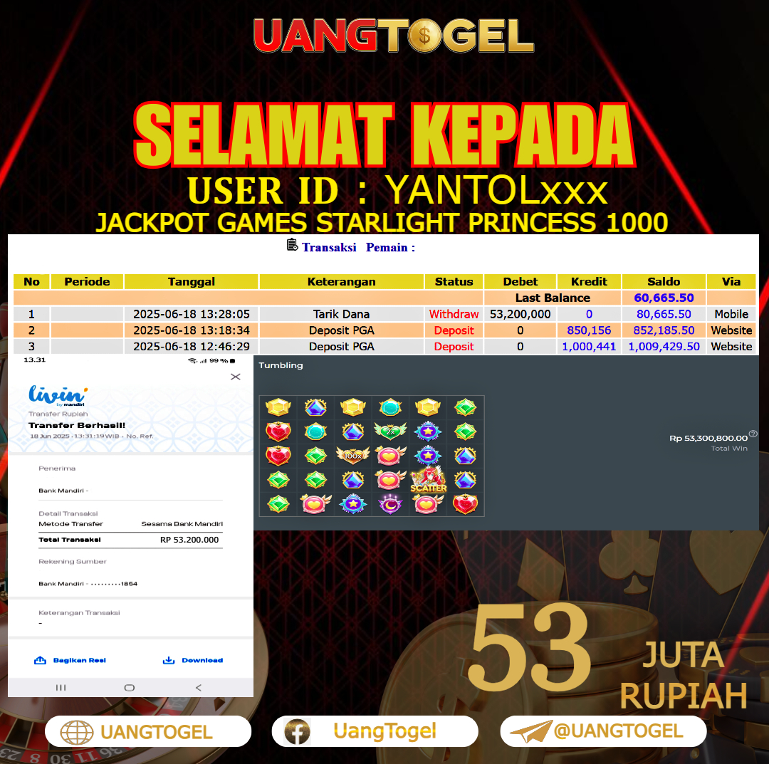 UANGTOGEL JACKPOT SLOT GAMES STARLIGHT PRINCESS 1000 Rp.53.000.000 - LUNAS USER ID : YANTOL***