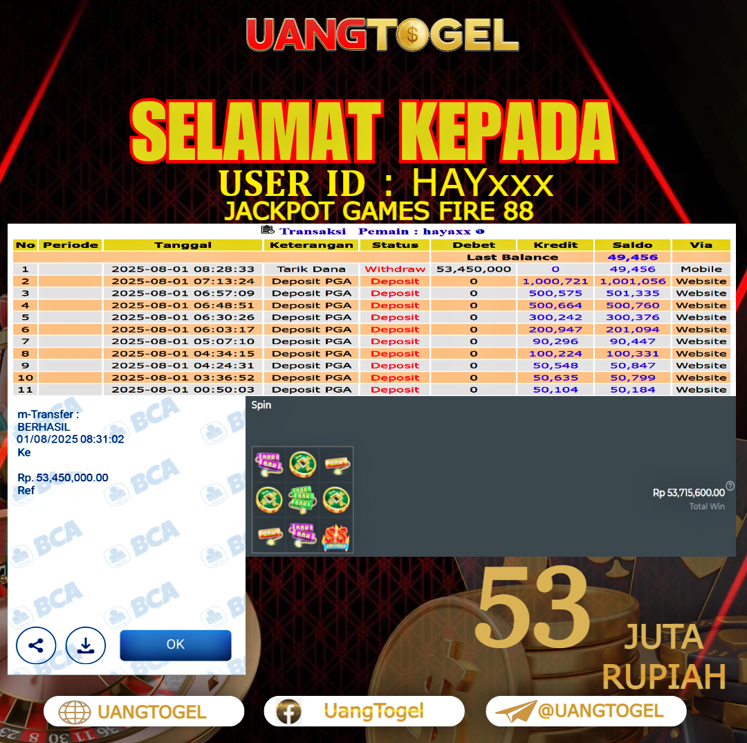 UANGTOGEL JACKPOT SLOT GAMES FIRE 88 Rp.53.000.000 - LUNAS USER ID : HAY***