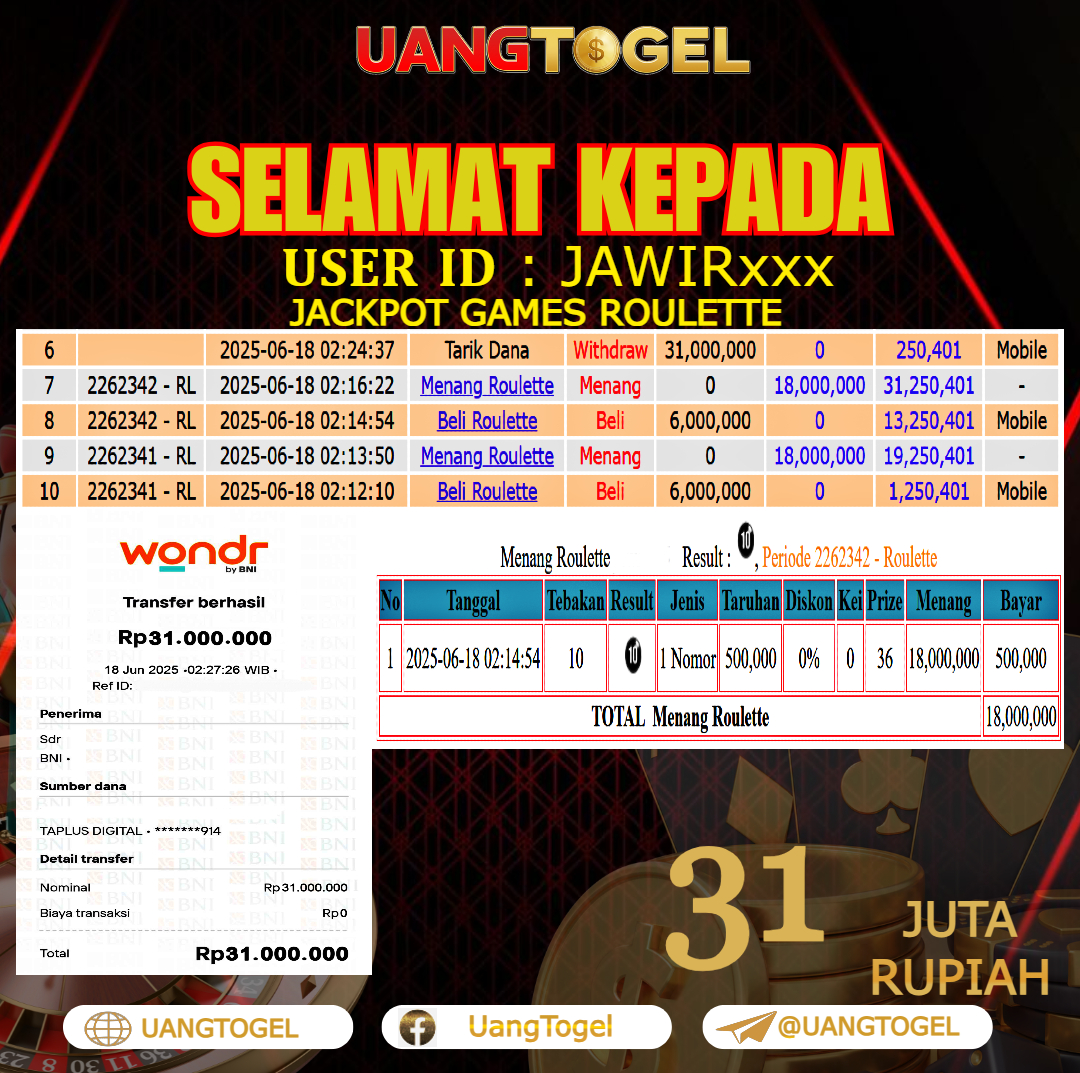 UANGTOGEL JACKPOT LIVE GAMES ROULETTE Rp.31.000.000 - LUNAS USER ID : JAWIR***
