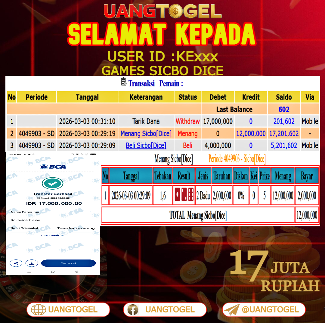 UANGTOGEL  JACKPOT LIVE GAMES SICBO DICE Rp.17.000.000   -   LUNAS USER ID  : KE***