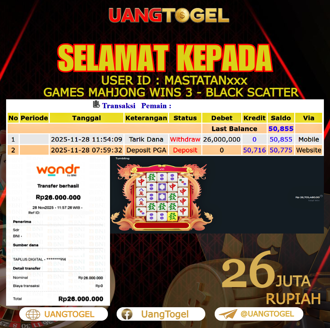 UANGTOGEL  JACKPOT SLOT GAMES MAHJONG WINS 3 - BLACK SCATTER Rp.26.000.000   -   LUNAS USER ID    :  MASTATAN***