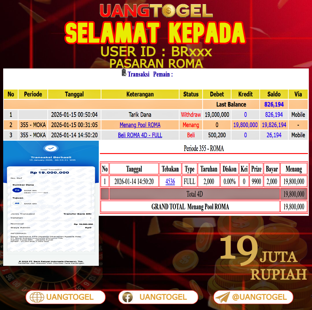 UANGTOGEL  JACKPOT TOGEL PASARAN ROMA  Rp.19.000.000   -   LUNAS USER ID  :   BR***