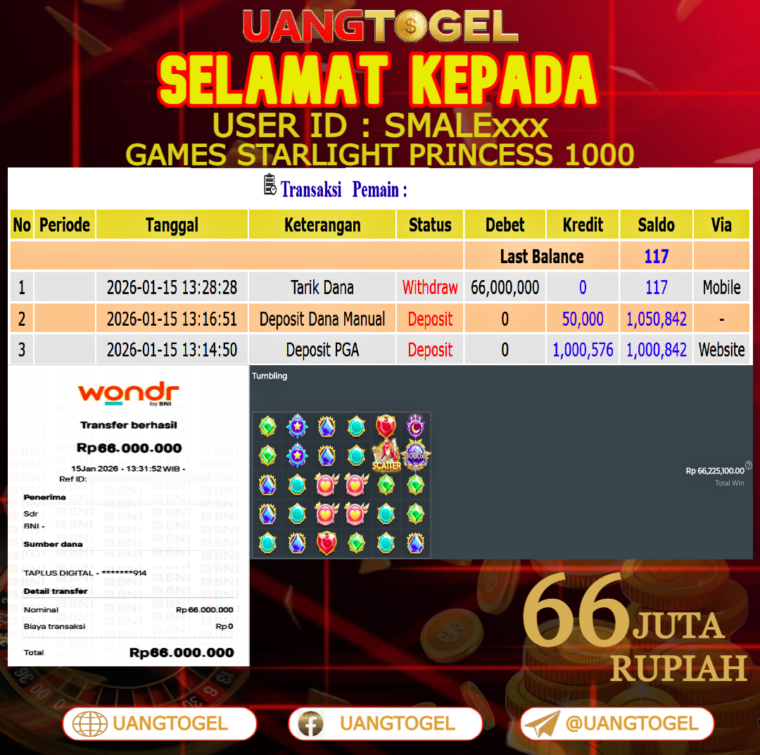 UANGTOGEL  JACKPOT SLOT GAMES STARLIGHT PRINCESS 1000  Rp.66.000.000   -   LUNAS USER ID  :   SMALE***