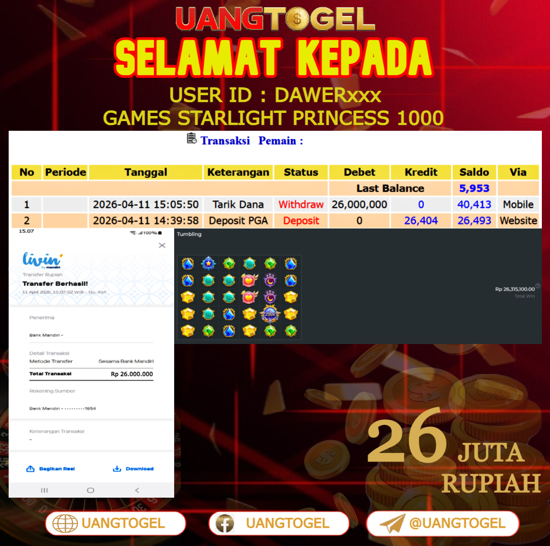 UANGTOGEL  JACKPOT  SLOT GAMES STARLIGHT PRINCESS 1000 Rp.26.000.000   -   LUNAS USER ID  :  DAWER***