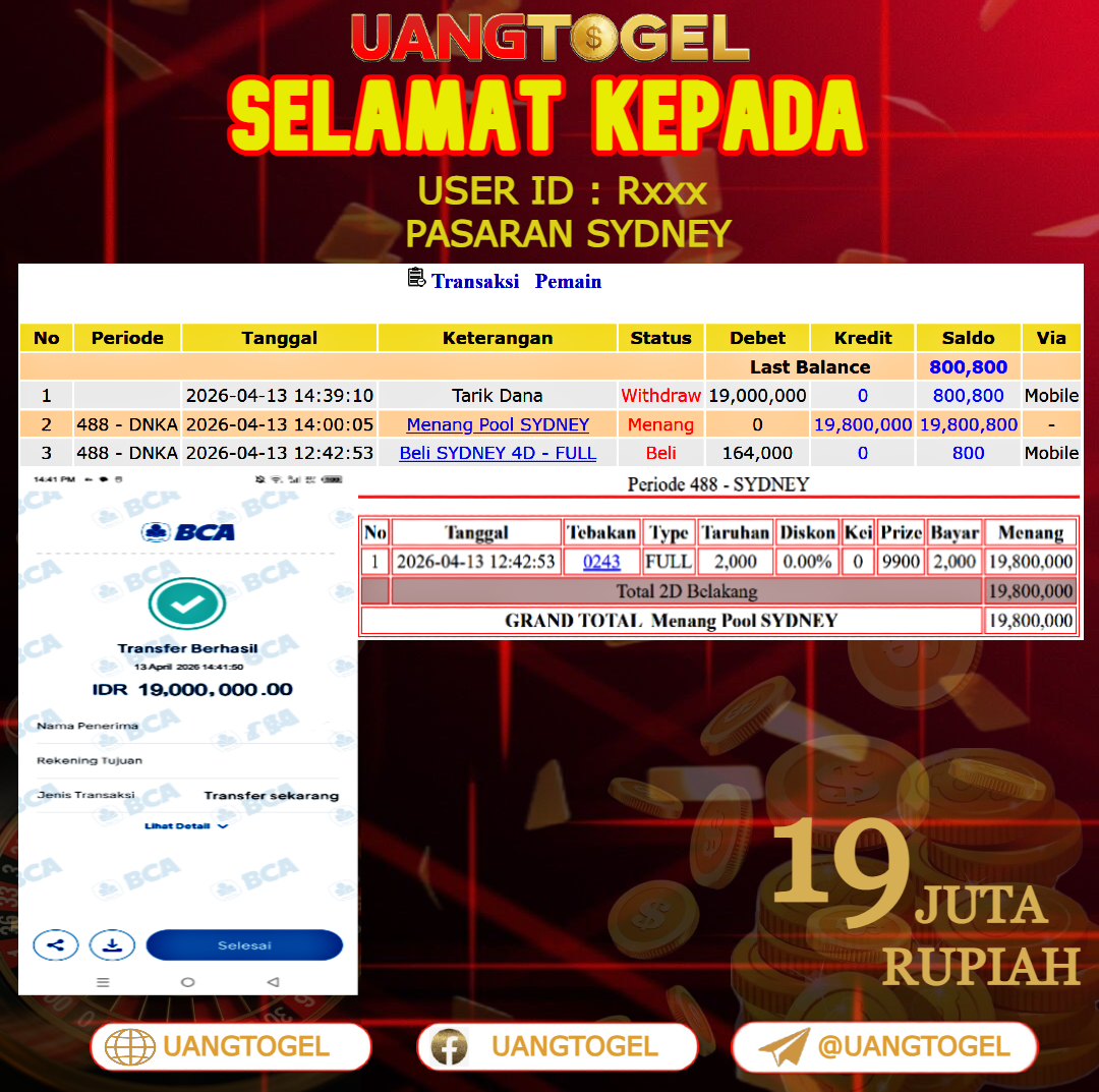 UANGTOGEL  JACKPOT  TOGEL PASARAN SYDNEY  Rp.19.000.000   -   LUNAS USER ID  :  R***