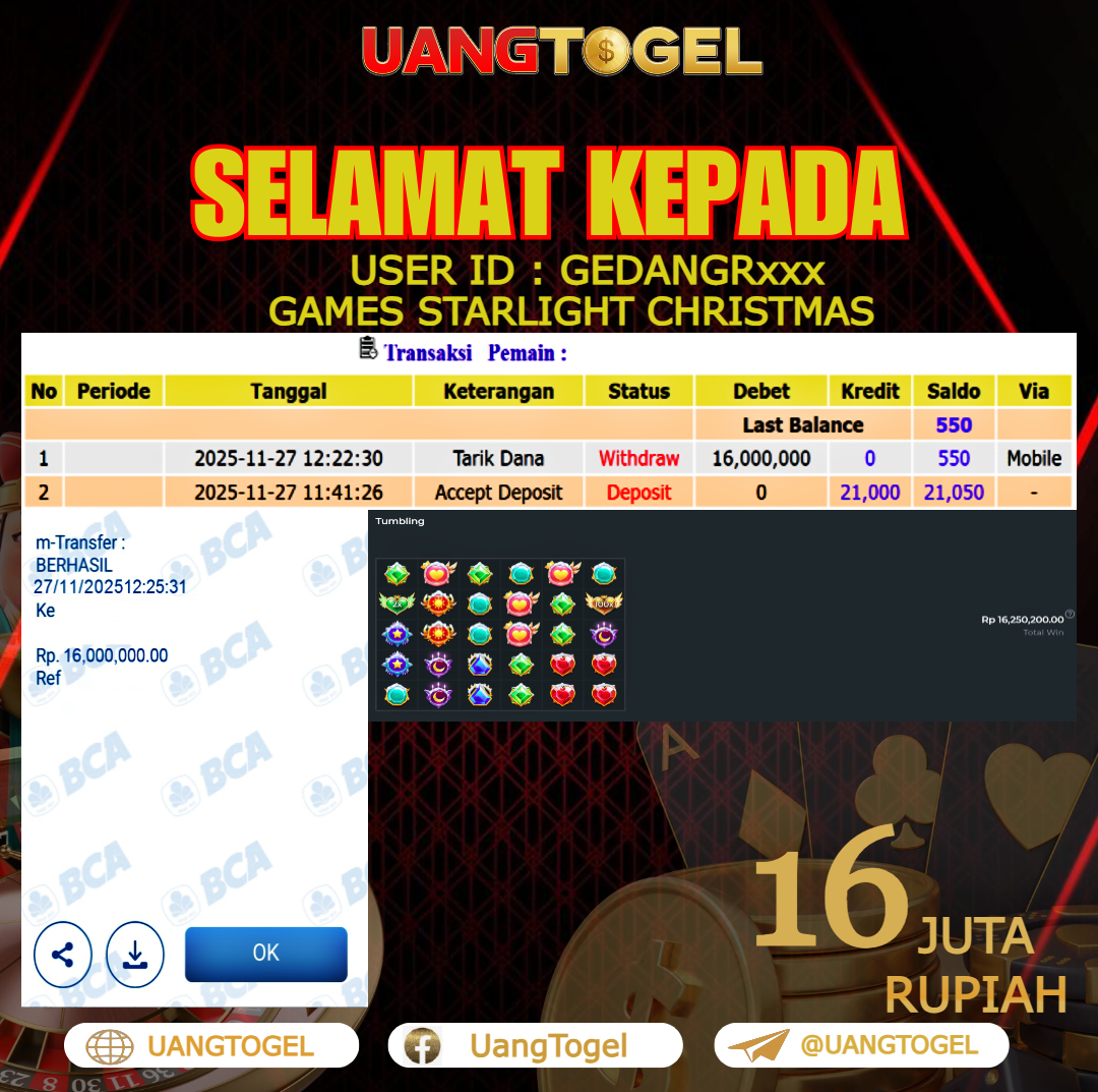 UANGTOGEL  JACKPOT SLOT GAMES STARLIGHT CHRISTMAS  Rp. 16.000.000   -   LUNAS USER ID    :  GEDANGR***