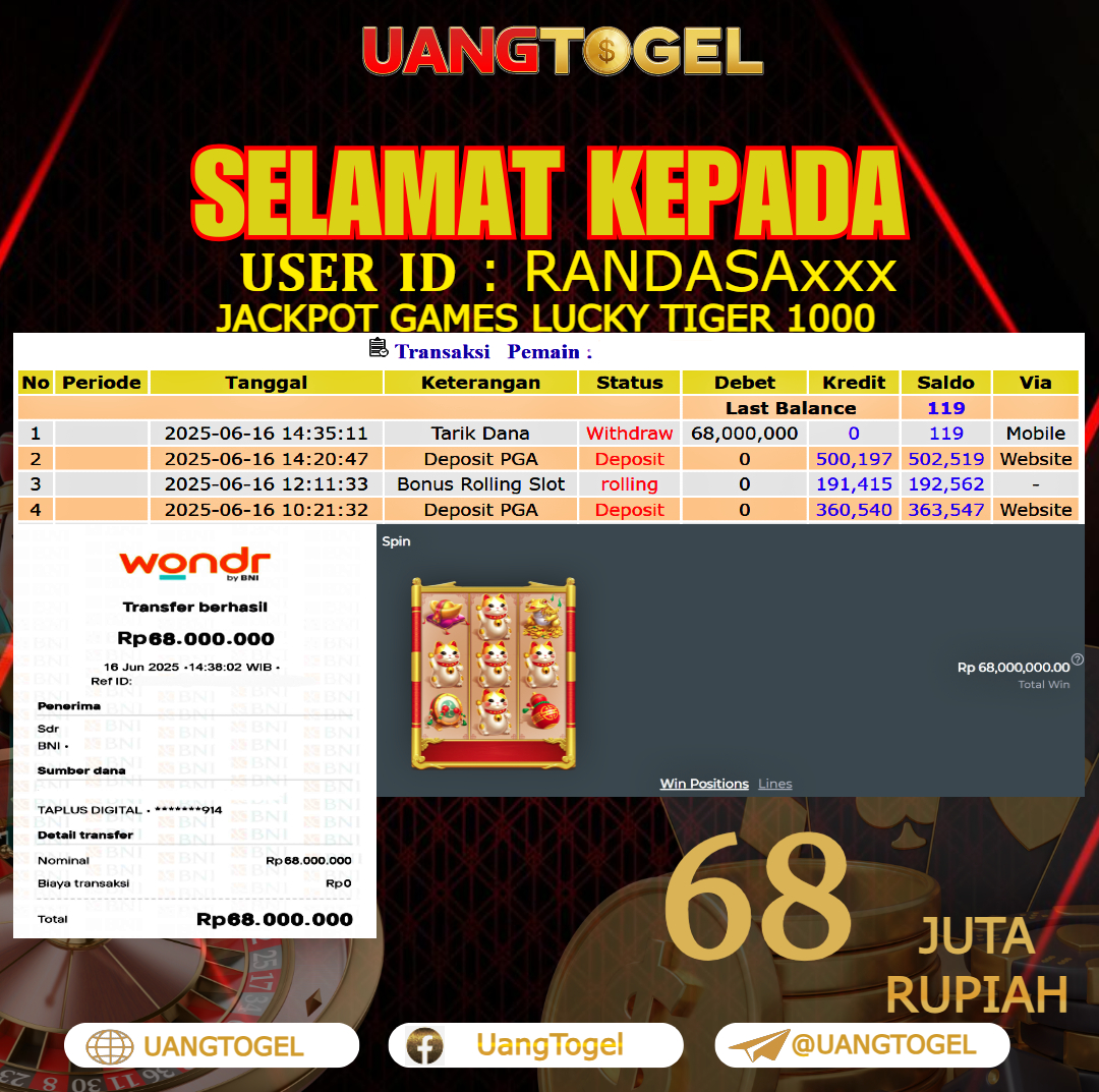 UANGTOGEL JACKPOT SLOT GAMES LUCKY TIGER 1000 Rp.68.000.000 - LUNAS USER ID : RANDASA***
