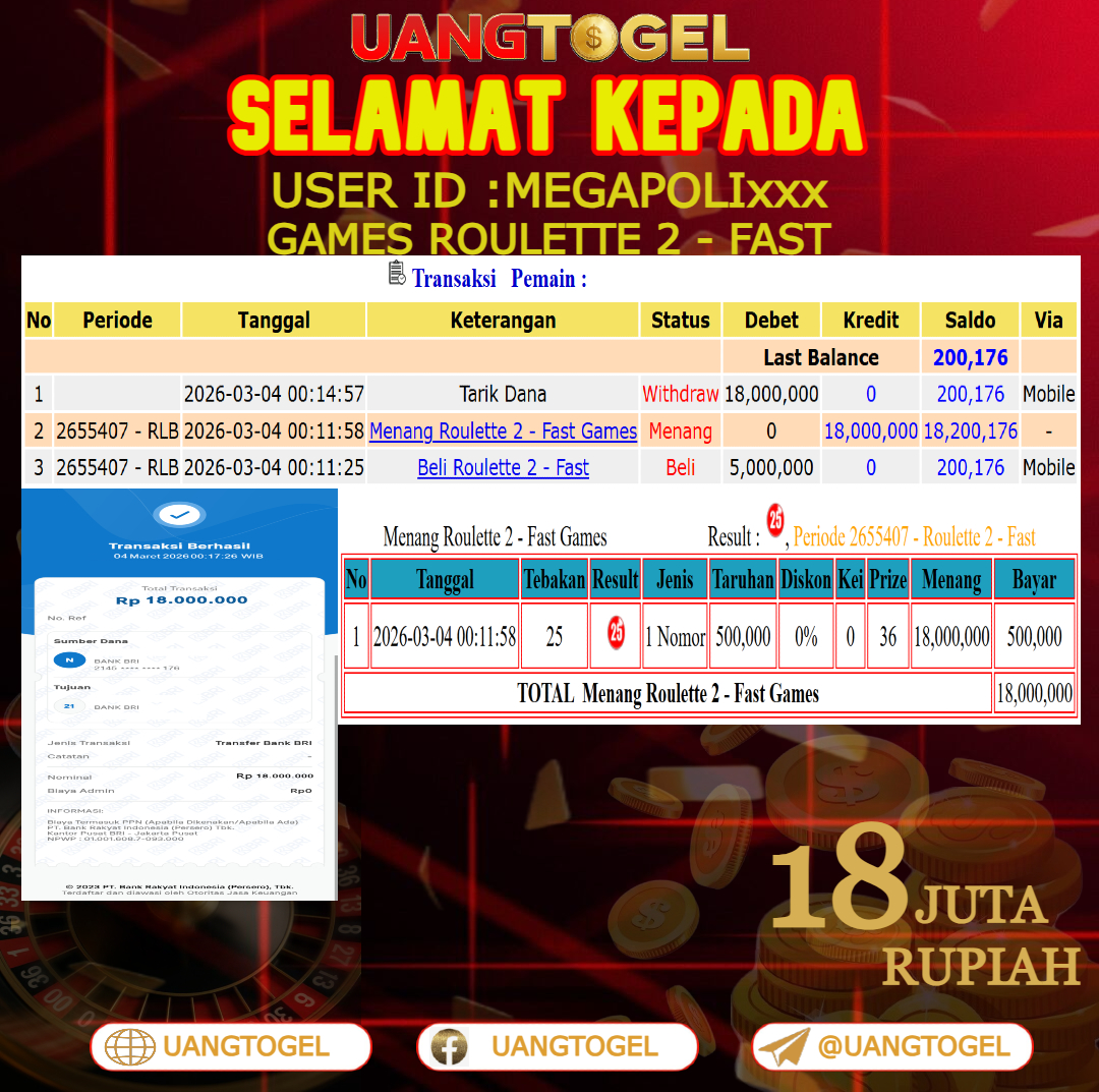 UANGTOGEL  JACKPOT LIVE GAMES ROULETTE 2 - FAST Rp.18.000.000   -   LUNAS USER ID  :  MEGAPOLI***