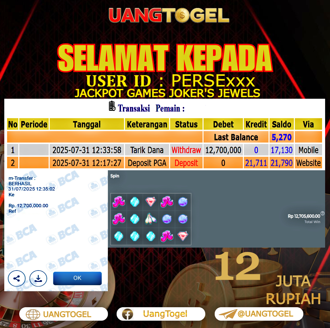 UANGTOGEL JACKPOT SLOT GAMES JOKER'S JEWELS Rp.12.000.000 - LUNAS USER ID : PERSE***