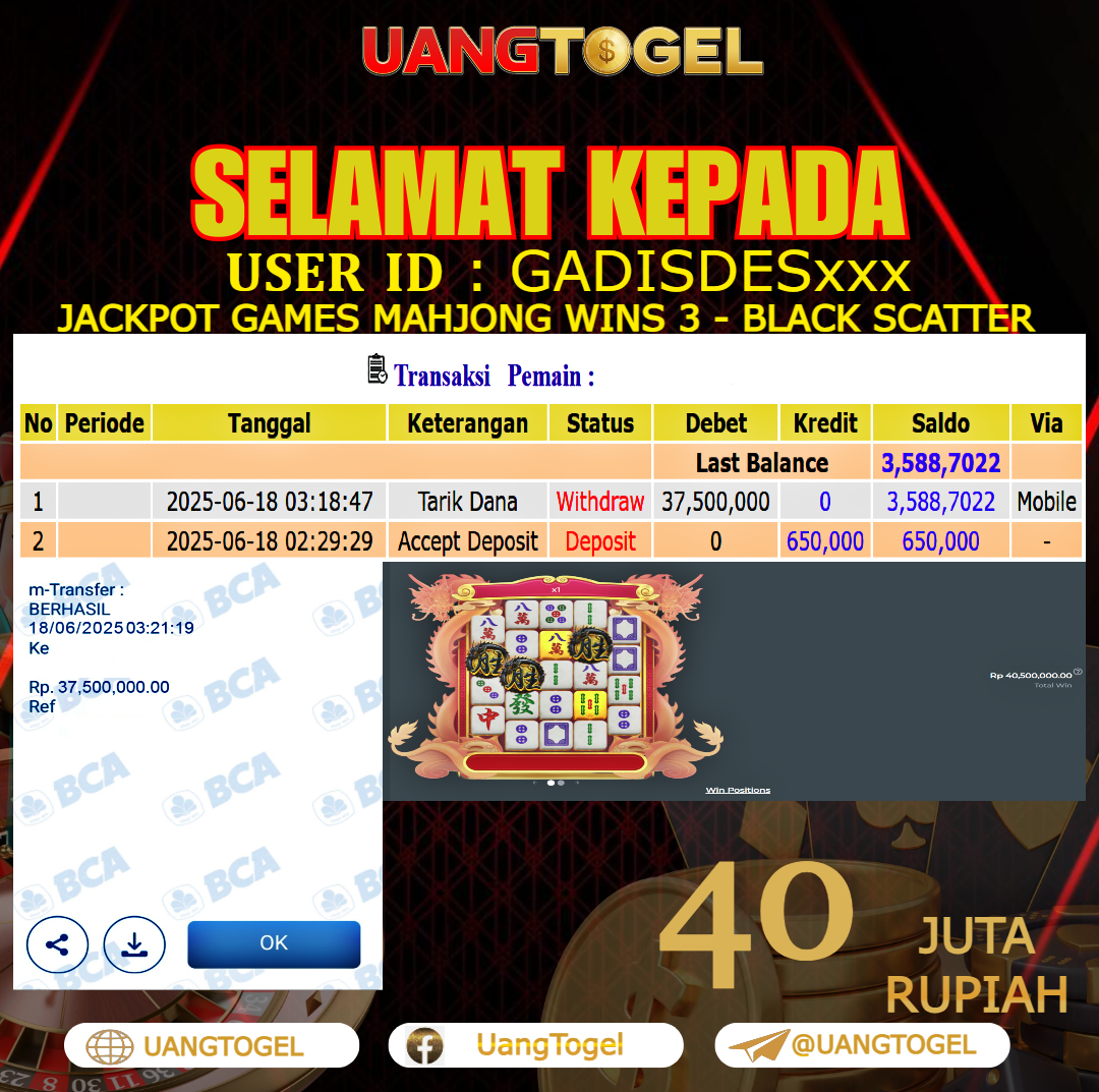 UANGTOGEL JACKPOT SLOT GAMES MAHJONG WINS 3 - BLACK SCATTER Rp.40.000.000 - LUNAS USER ID : GADISDES***