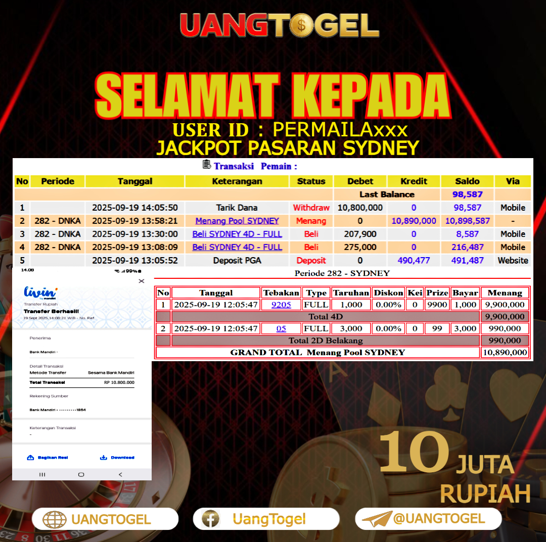 UANGTOGEL JACKPOT TOGEL PASARAN SYDNEY Rp. 10.000.000 - LUNAS USER ID : PERMAILA***
