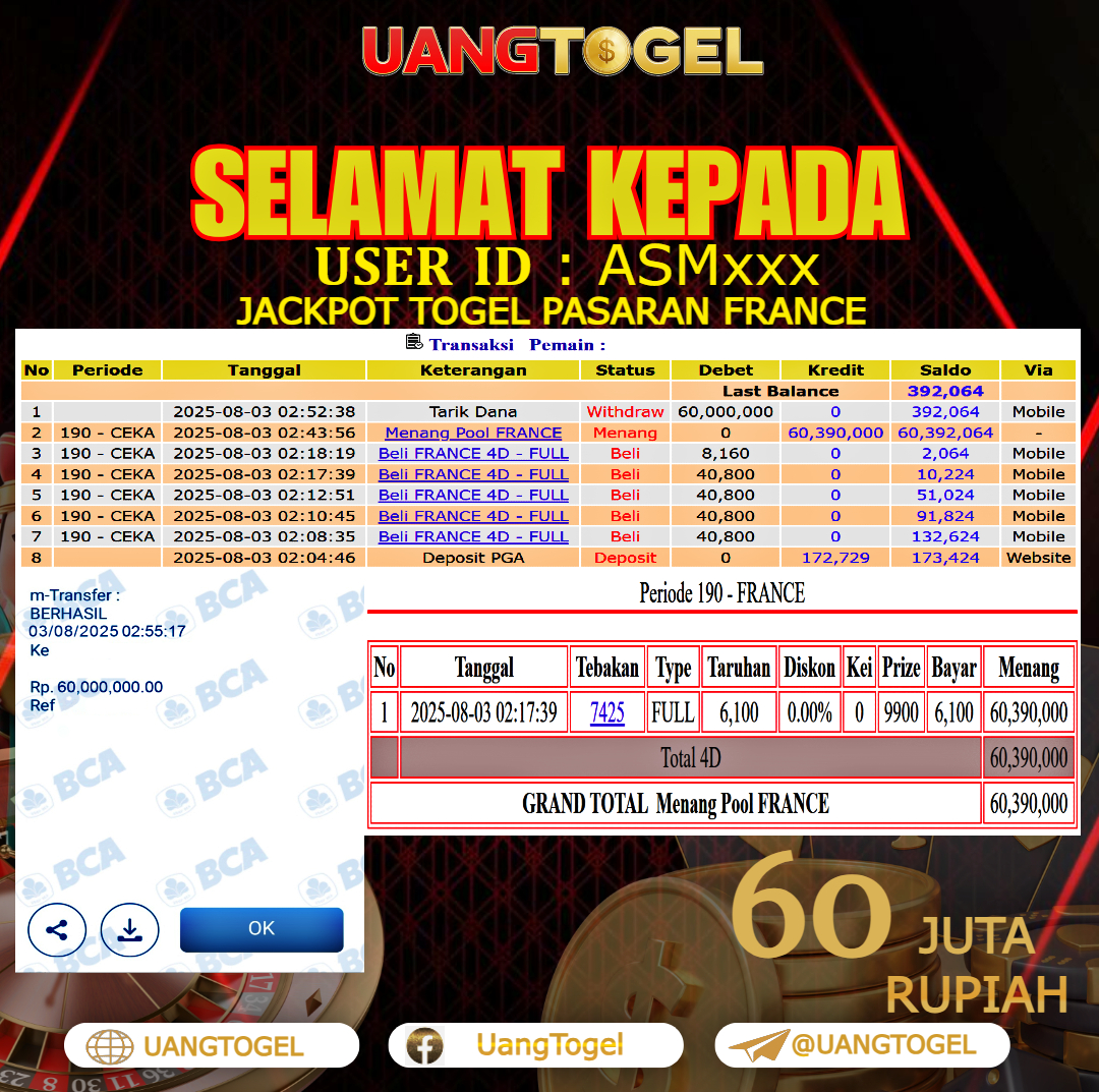 UANGTOGEL JACKPOT TOGEL PASARAN FRANCE Rp.60.000.000 - LUNAS USER ID : ASM***