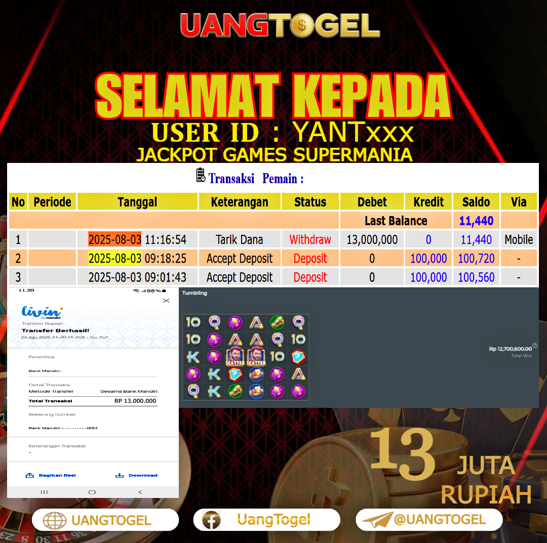 UANGTOGEL JACKPOT SLOT GAMES SUPERMANIA Rp.13.000.000 - LUNAS USER ID : YANT***