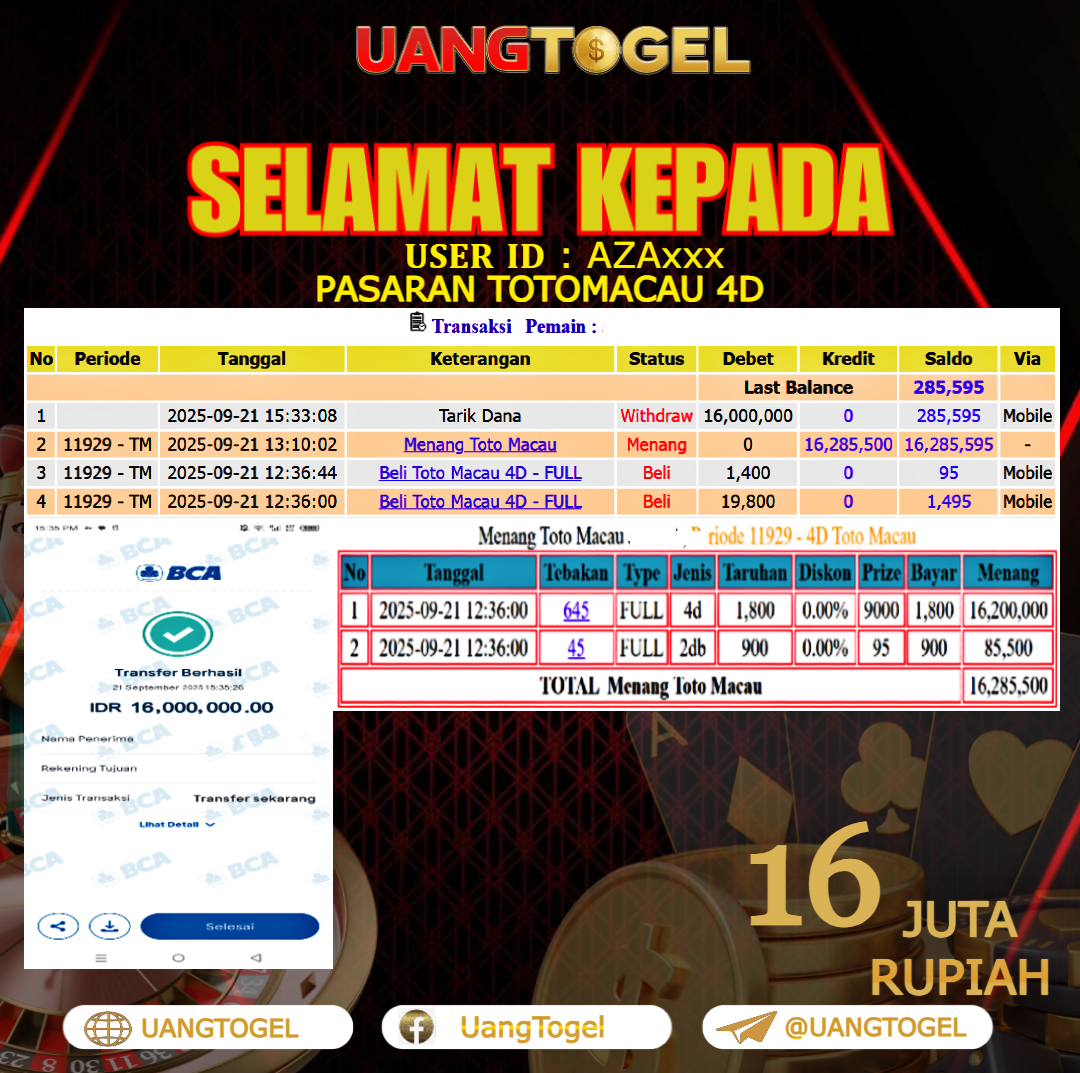 UANGTOGEL JACKPOT TOGEL PASARAN TOTOMACAU 4D Rp. 16.000.000 - LUNAS USER ID : AZA***
