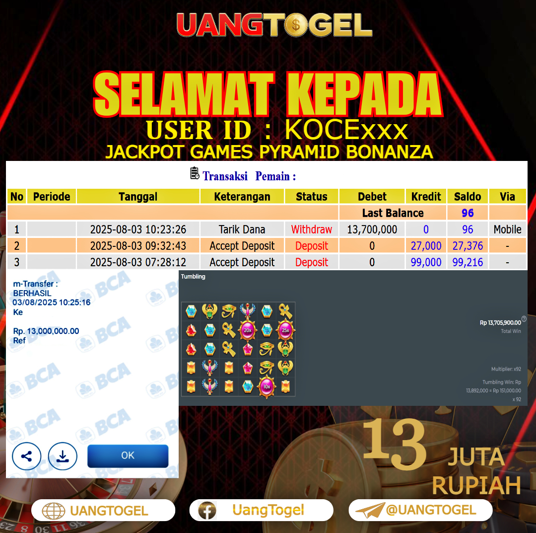 UANGTOGEL JACKPOT SLOT GAMES PYRAMID BONANZA Rp.13.000.000 - LUNAS USER ID : KOCE***