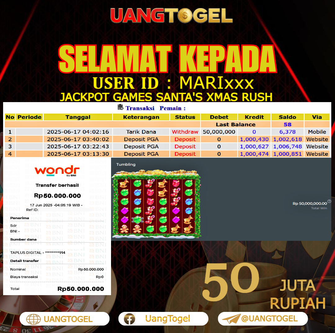 UANGTOGEL JACKPOT SLOT GAMES SANTA'S XMAS RUSH Rp.50.000.000 - LUNAS USER ID : MARI***