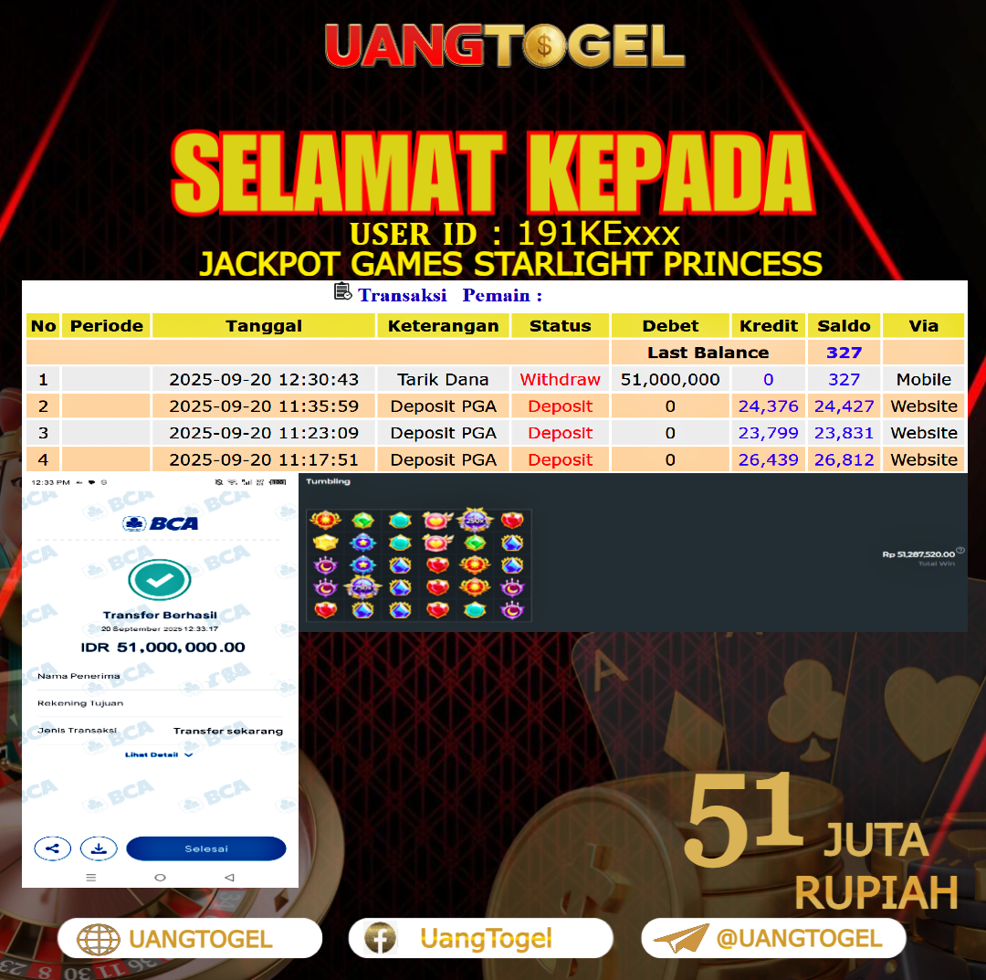 UANGTOGEL JACKPOT SLOT GAMES STARLIGHT PRINCESS Rp. 51.000.000 - LUNAS USER ID : 191KE***
