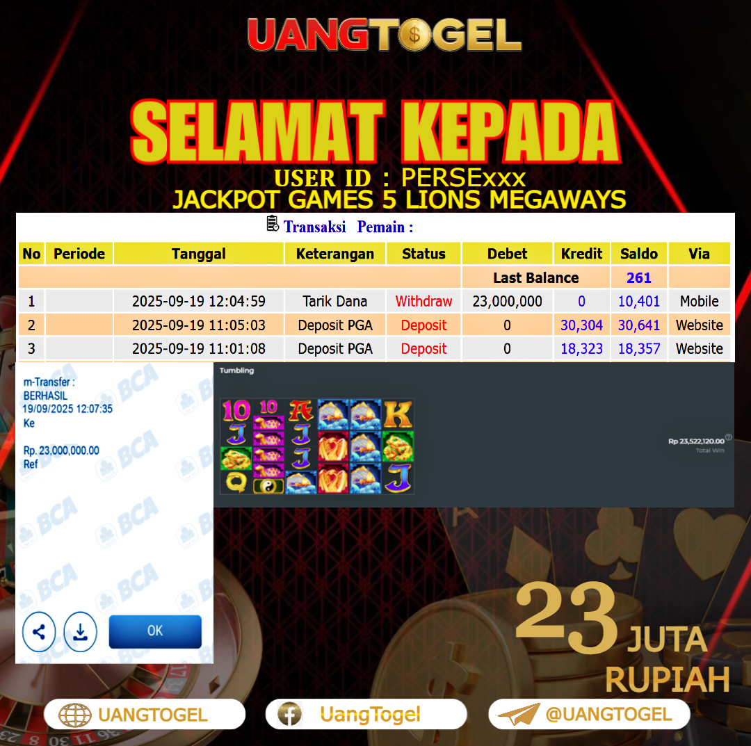 UANGTOGEL JACKPOT SLOT GAMES 5 LIONS MEGAWAYS Rp. 23.000.000 - LUNAS USER ID : PERSE***