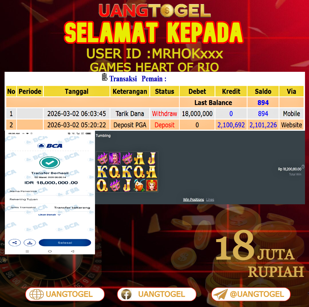 UANGTOGEL  JACKPOT SLOT GAMES HEART OF RIO Rp.18.000.000   -   LUNAS USER ID  : MRHOK***