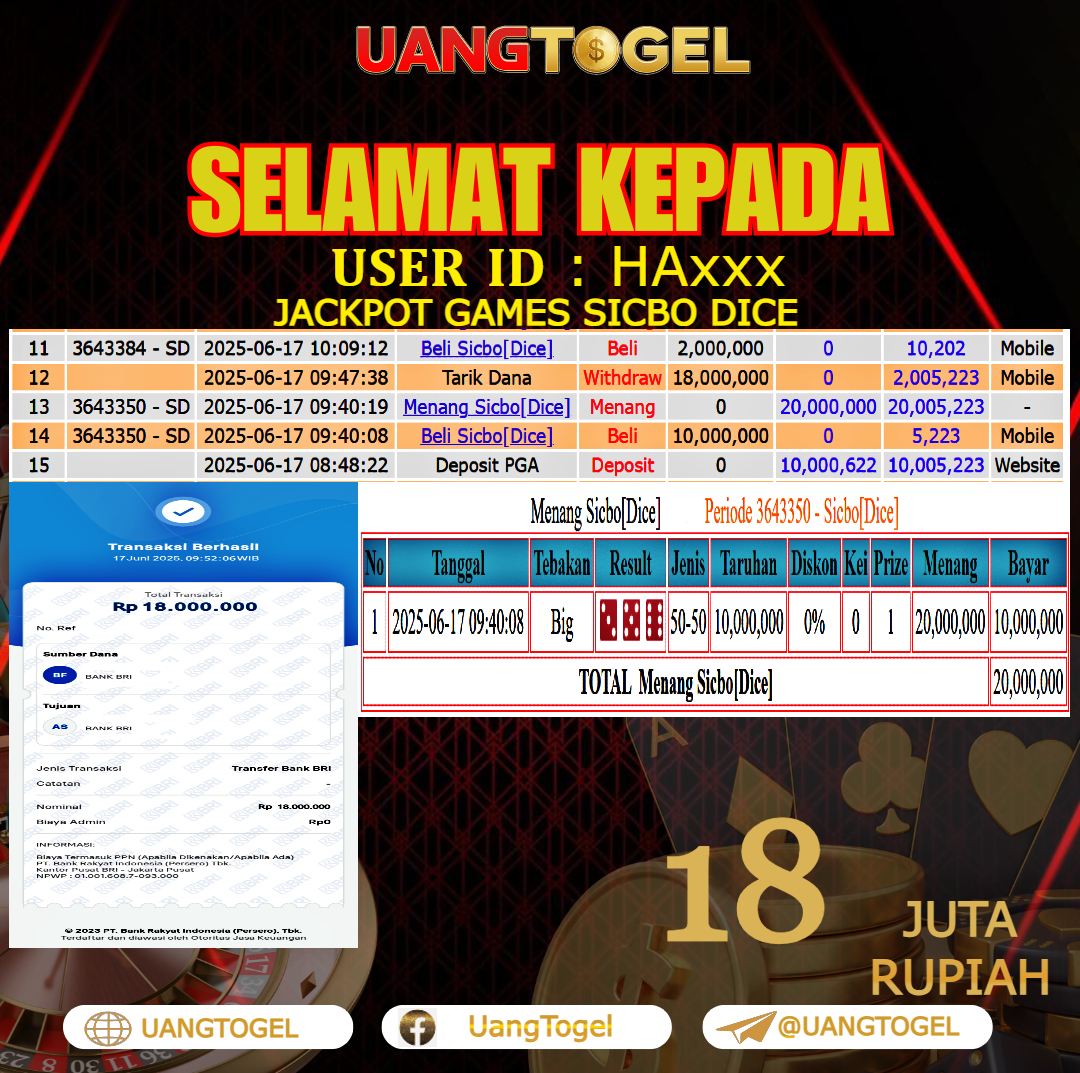 UANGTOGEL JACKPOT LIVE GAMES SICBO DICE Rp.18.000.000 - LUNAS USER ID : HA***