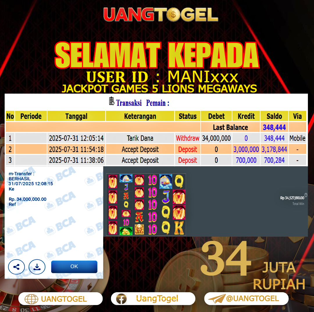 UANGTOGEL JACKPOT SLOT GAMES 5 LIONS MEGAWAYS Rp.34.000.000 - LUNAS USER ID : MANI***