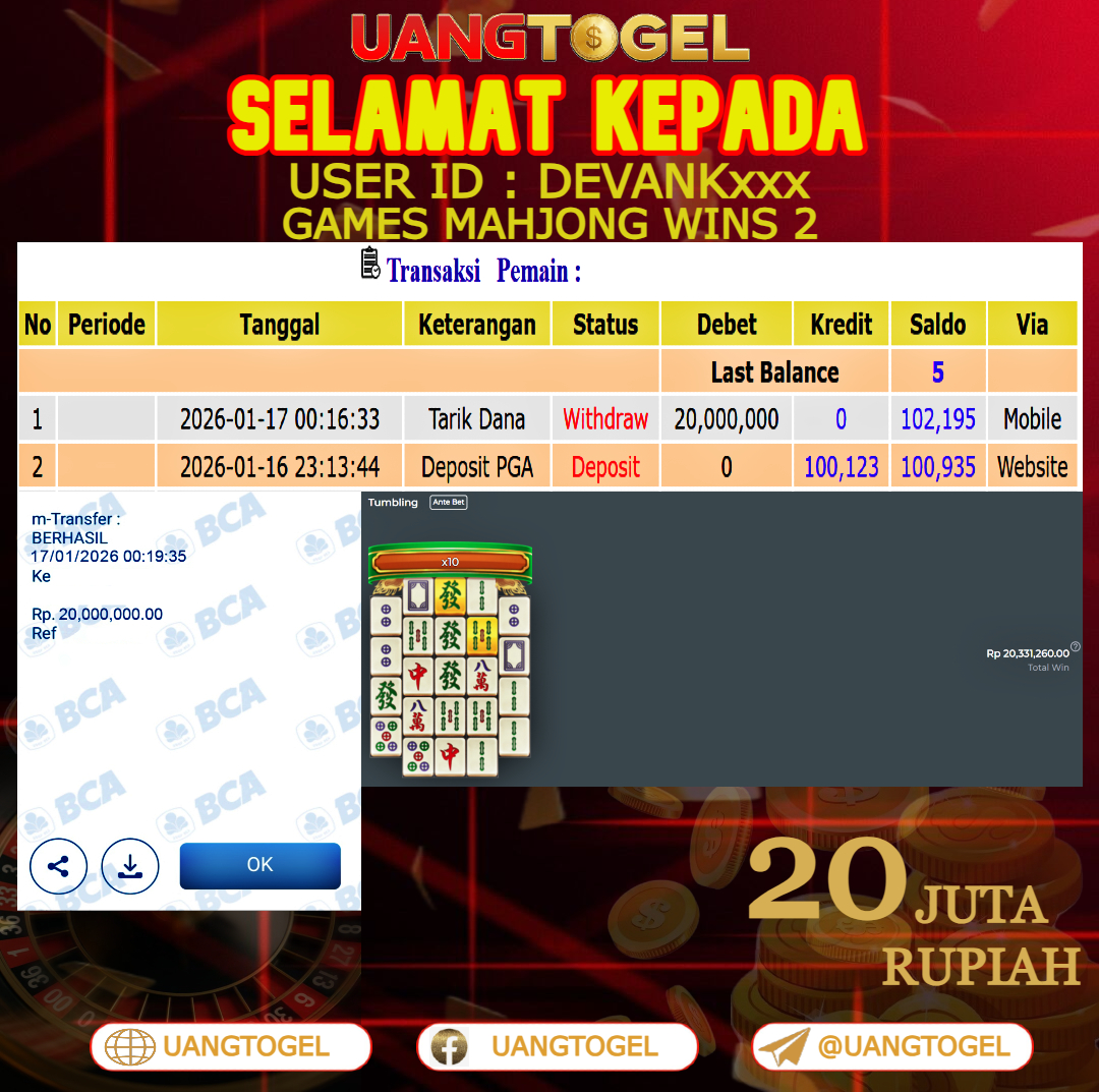 UANGTOGEL  JACKPOT SLOT GAMES MAHJONG WINS 2 Rp.20.000.000   -   LUNAS USER ID  :  DEVANK***