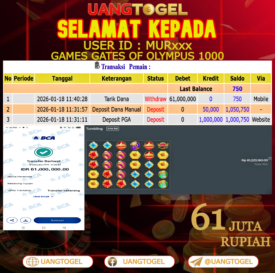 UANGTOGEL  JACKPOT SLOT GAMES GATES OF OLYMPUS 1000  Rp.61.000.000   -   LUNAS USER ID  :  MUR***