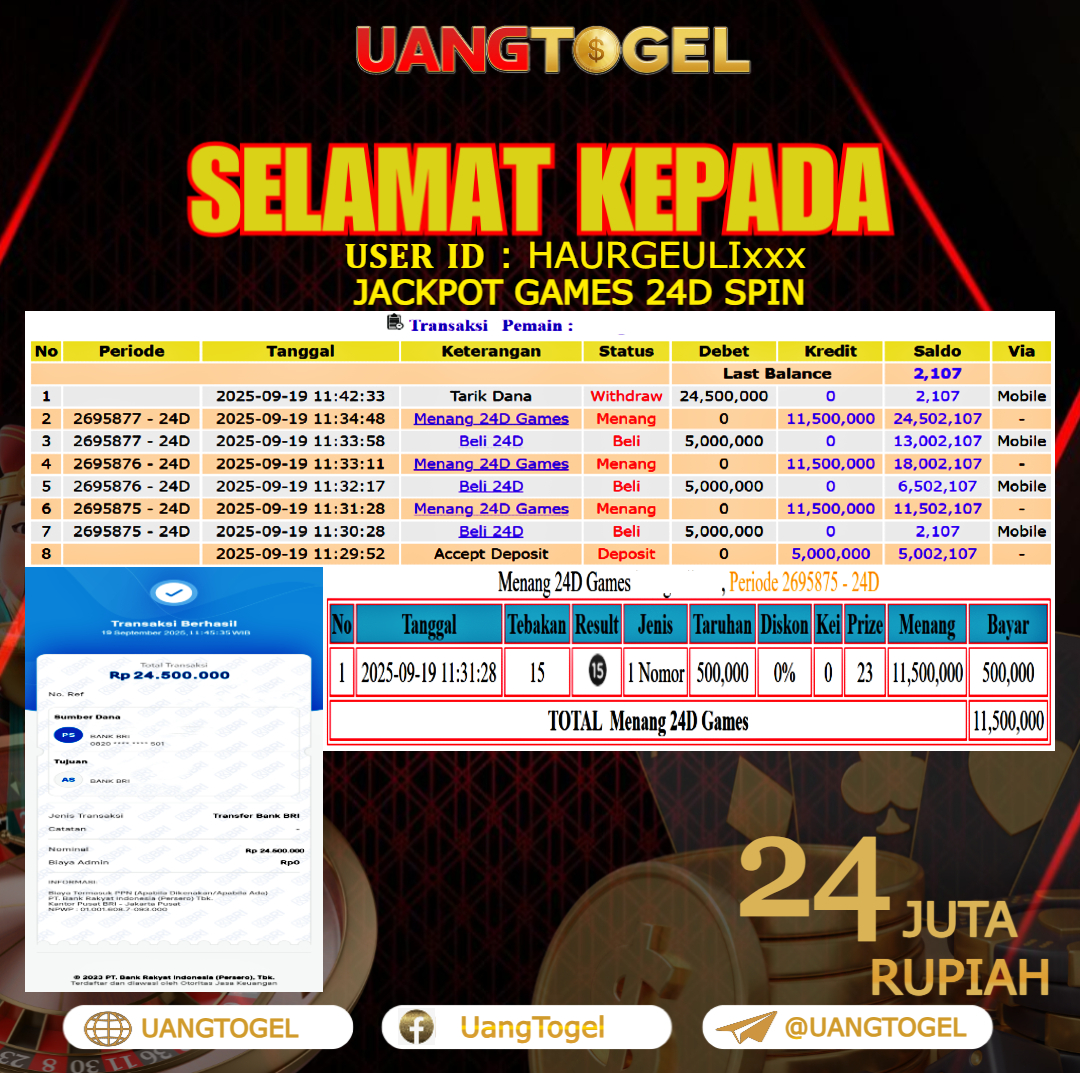UANGTOGEL JACKPOT LIVE GAMES 24D SPIN Rp. 24.000.000 - LUNAS USER ID : HAURGEULI***