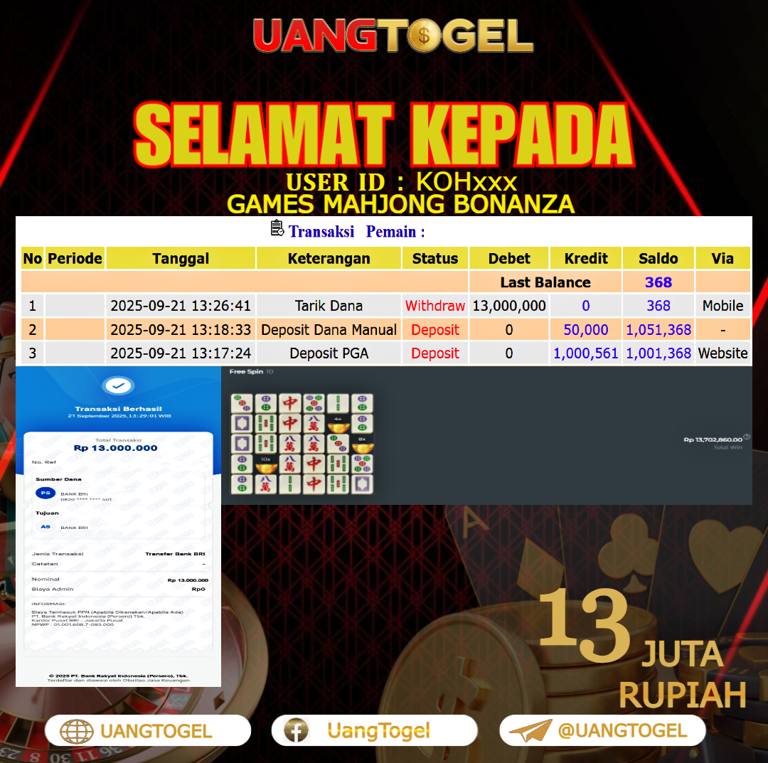 UANGTOGEL JACKPOT SLOT GAMES MAHJONG BONANZA Rp. 13.000.000 - LUNAS USER ID : KOH***