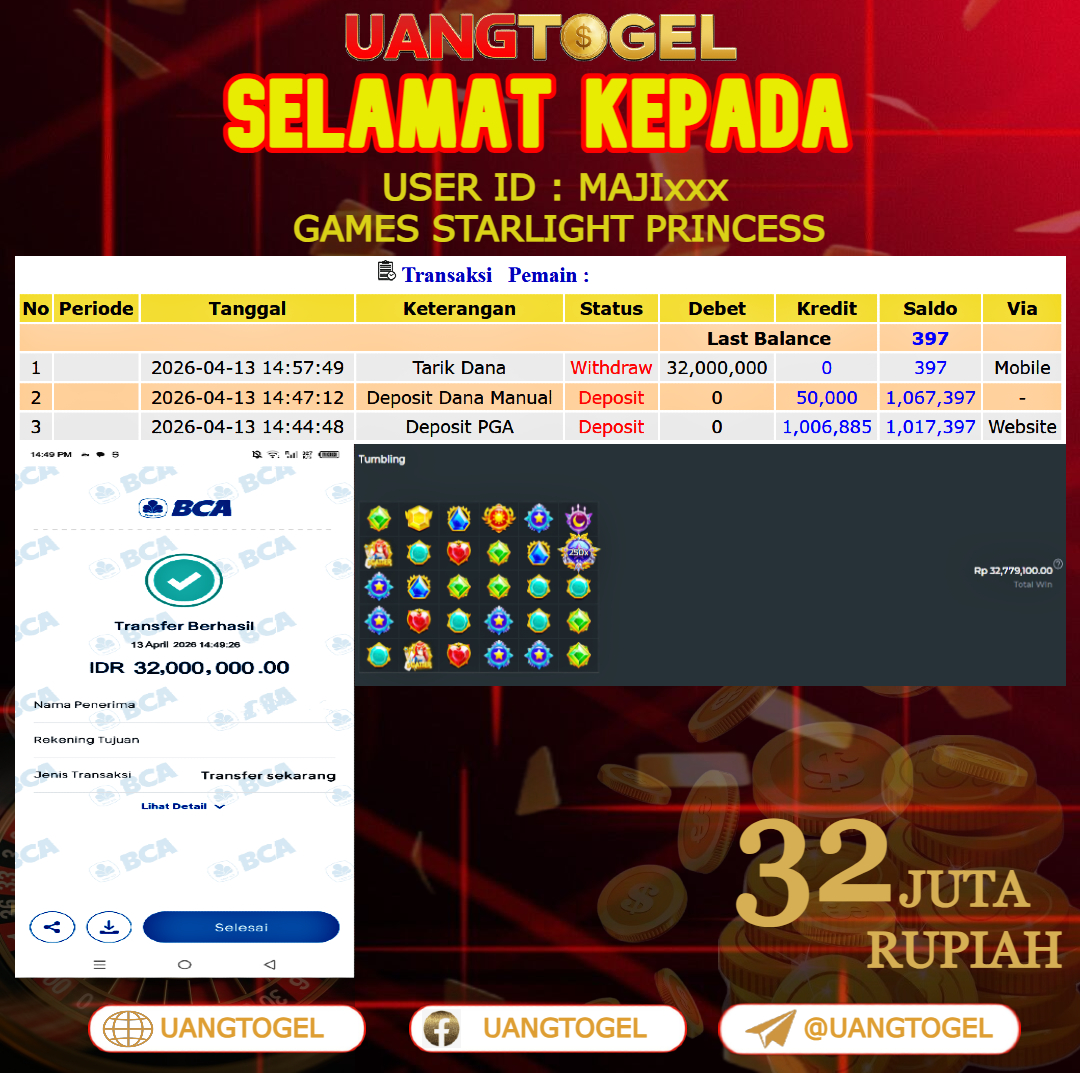 UANGTOGEL  JACKPOT  SLOT GAMES STARLIGHT PRINCESS   Rp.32.000.000   -   LUNAS USER ID  :  MAJI***