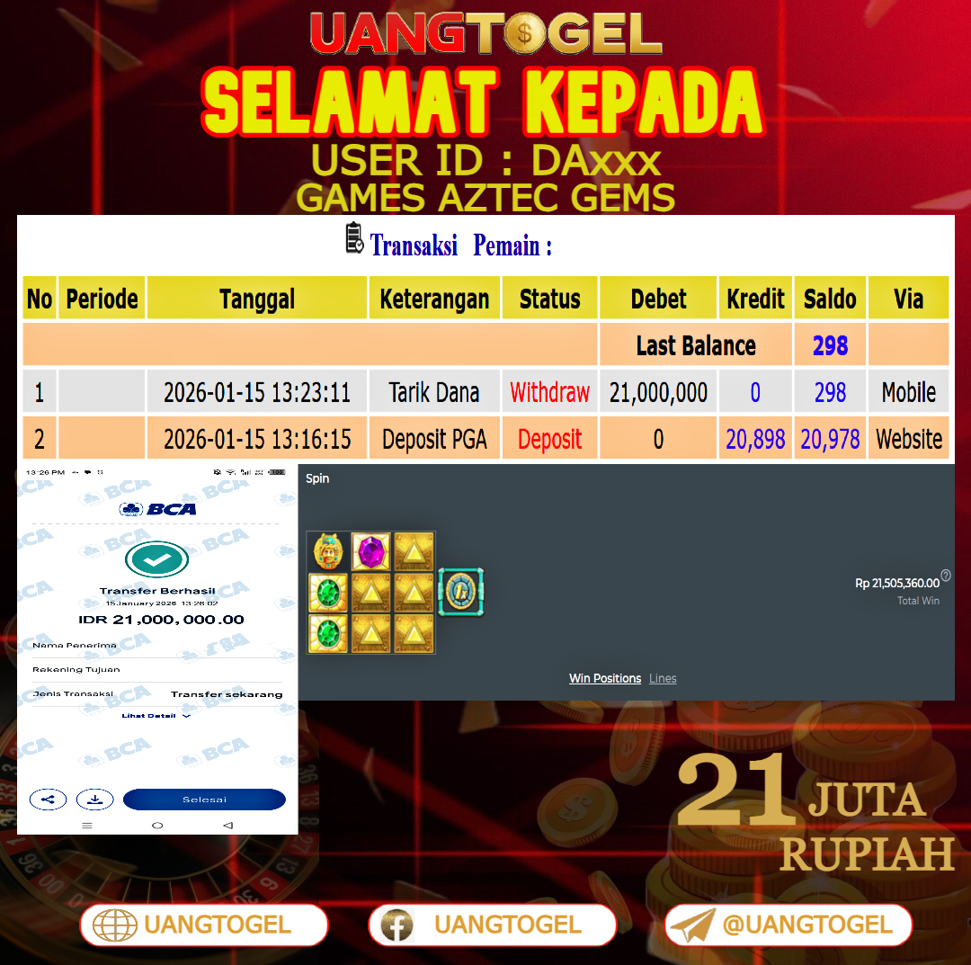 UANGTOGEL  JACKPOT SLOT GAMES AZTEC GEMS  Rp.21.000.000   -   LUNAS USER ID  :   DA***