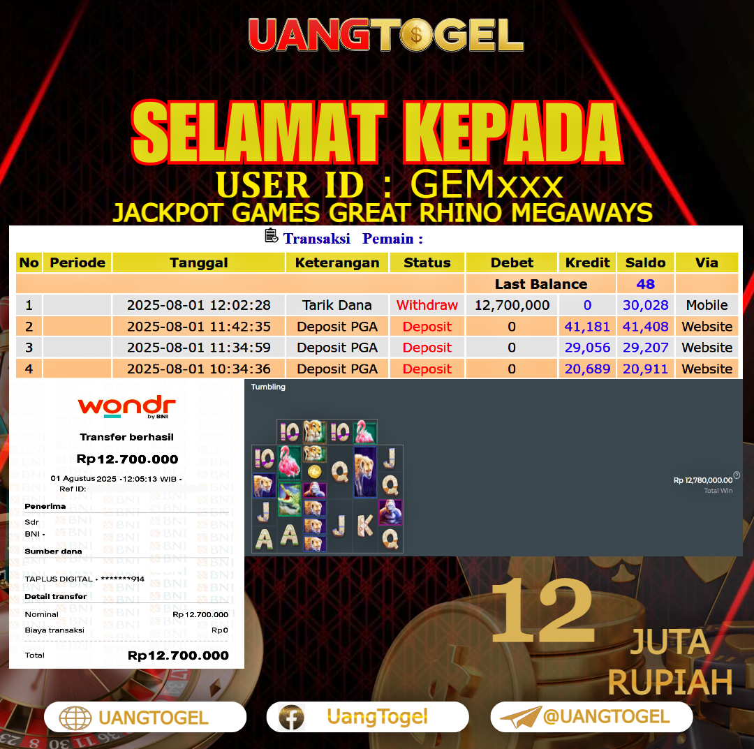 UANGTOGEL JACKPOT SLOT GAMES GREAT RHINO MEGAWAYS Rp.12.000.000 - LUNAS USER ID : GEM***