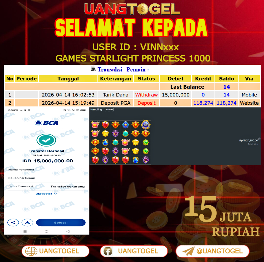 UANGTOGEL  JACKPOT  SLOT GAMES STARLIGHT PRINCESS 1000   Rp.15.000.000   -   LUNAS USER ID  :  VINN***