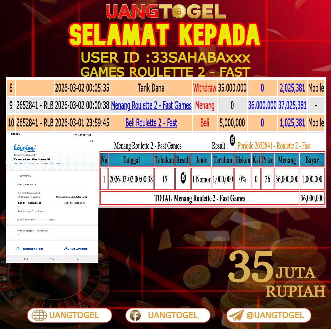 UANGTOGEL  JACKPOT LIVE GAMES ROULETTE 2 - FAST Rp.35.000.000   -   LUNAS USER ID  : 33SAHABA***