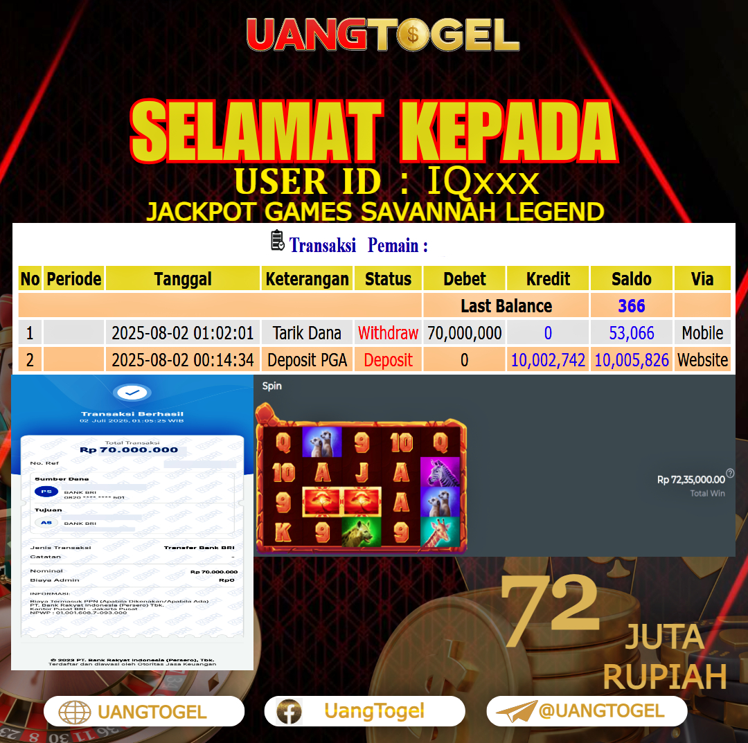 UANGTOGEL JACKPOT SLOT GAMES SAVANNAH LEGEND Rp.72.000.000 - LUNAS USER ID : IQ***
