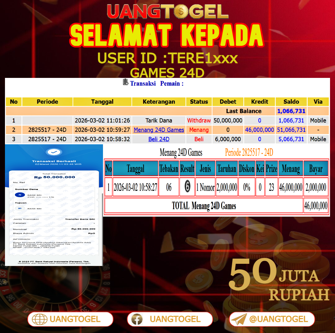 UANGTOGEL  JACKPOT LIVE GAMES 24D Rp.50.000.000   -   LUNAS USER ID  : TERE1***