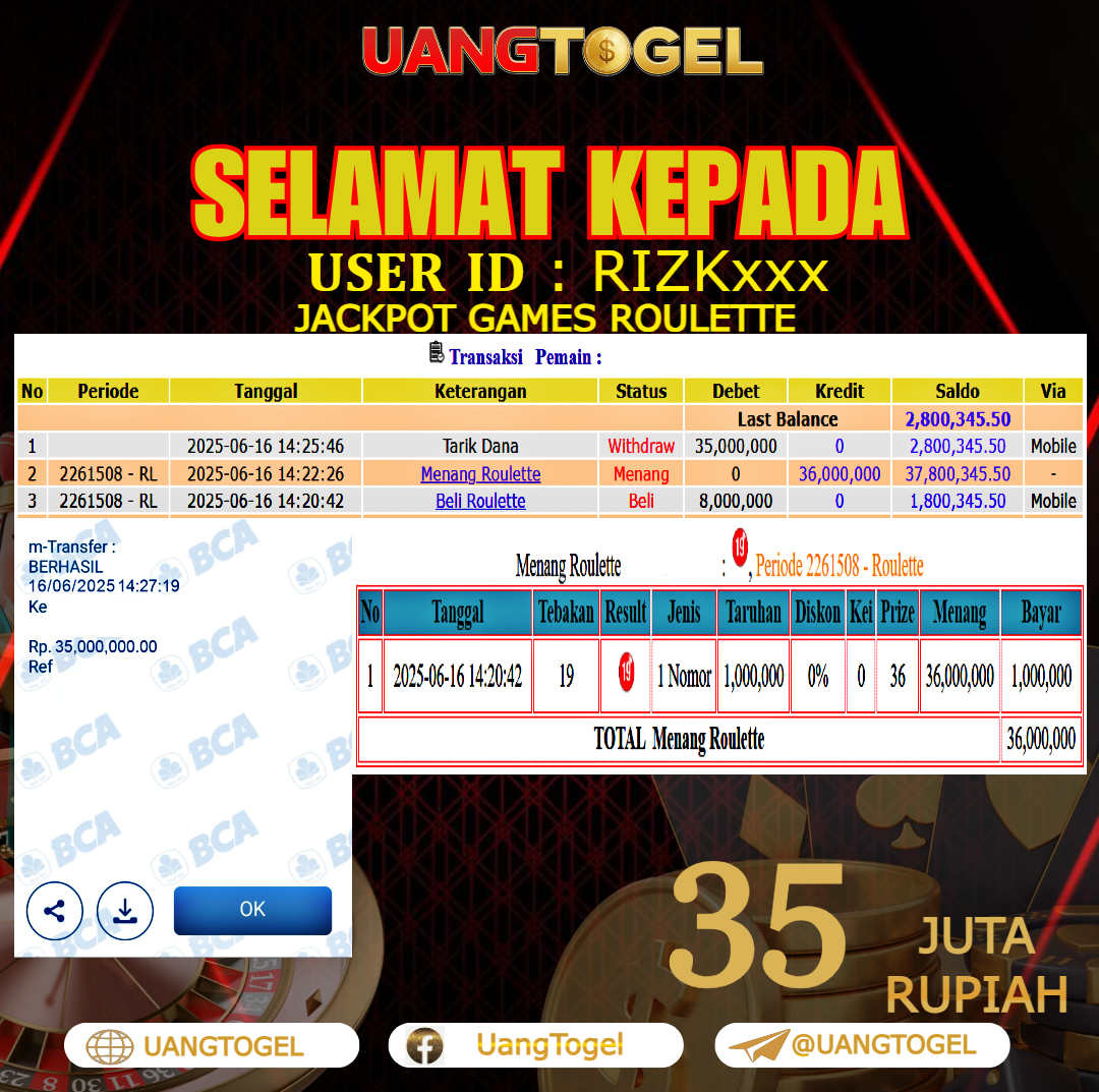 UANGTOGEL JACKPOT LIVE GAMES ROULETTE Rp.35.000.000 - LUNAS USER ID : RIZK***