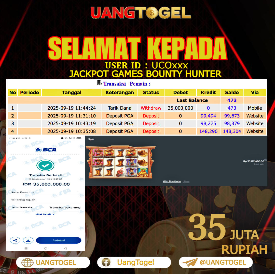UANGTOGEL JACKPOT SLOT GAMES BOUNTY HUNTER Rp. 35.000.000 - LUNAS USER ID : UCO***