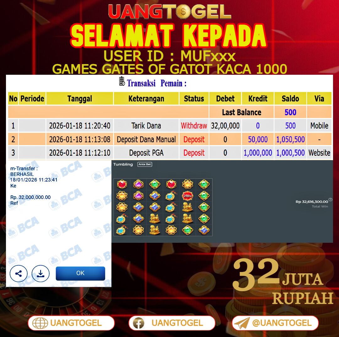 UANGTOGEL  JACKPOT SLOT GAMES GATES OF GATOT KACA 1000  Rp.32.000.000   -   LUNAS USER ID  :  MUF***