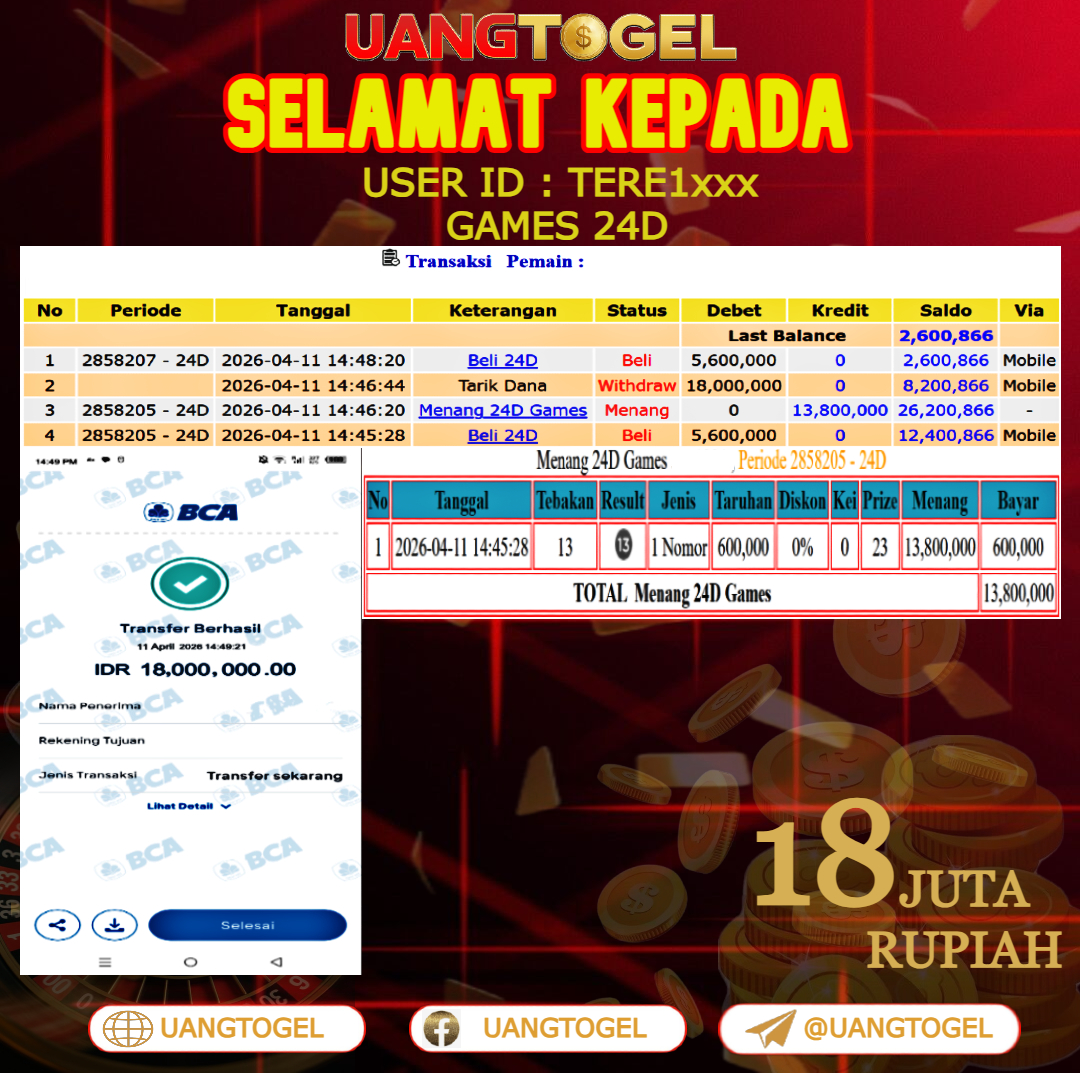 UANGTOGEL  JACKPOT  LIVE GAMES 24D Rp.18.000.000   -   LUNAS USER ID  :  TERE1***