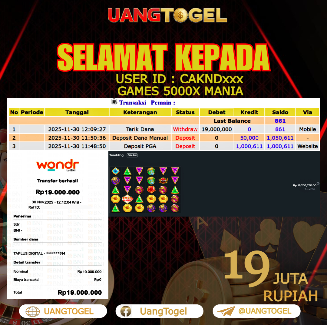 UANGTOGEL  JACKPOT SLOT GAMES 5000X MANIA Rp. 19.000.000   -   LUNAS USER ID    :    CAKND***