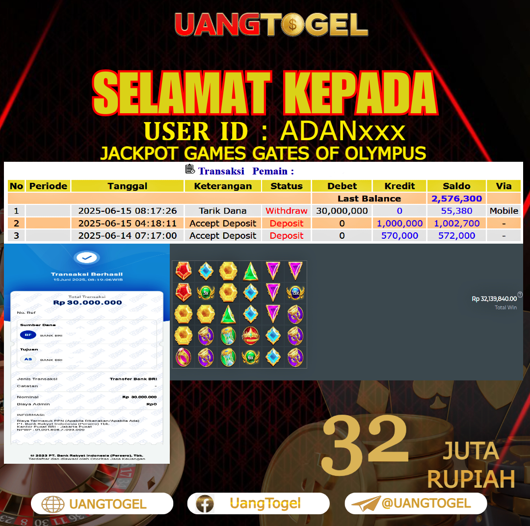 UANGTOGEL JACKPOT SLOT GAMES GATES OF OLYMPUS Rp.32.000.000 - LUNAS USER ID : ADAN***