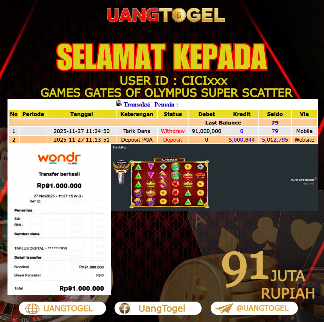 UANGTOGEL  JACKPOT SLOT GAMES GATES OF OLYMPUS SUPER SCATTER Rp. 91.000.000   -   LUNAS USER ID    : CICI***